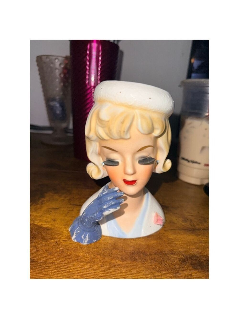 Vintage head planter Ucagco lady head vase, Japan blue glove